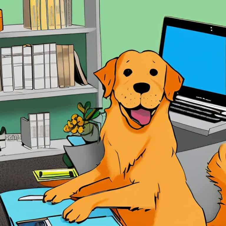 A golden retriever sits in front of iPad, eagerly typing away at the keyboard, with a wide grin on his face. The background is an office filled with boxes and supplies related to the dog business. Artistic style notes: Animated, cheerful comic book art with bright colors and a focus on the expression of the dog.