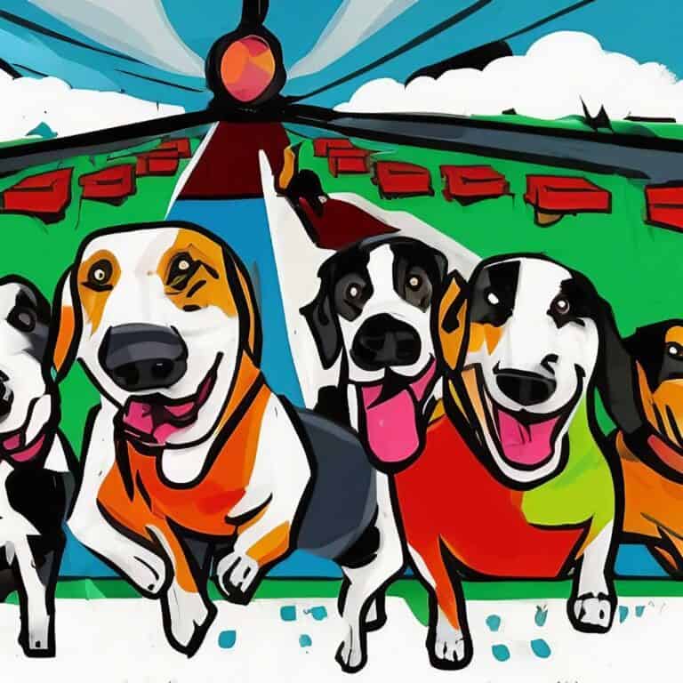 A wide shot of a boarding facility with 5 dogs running around happily, playing together and showing no signs of stress or anxiety. Artistic style should comic book style, bright colors